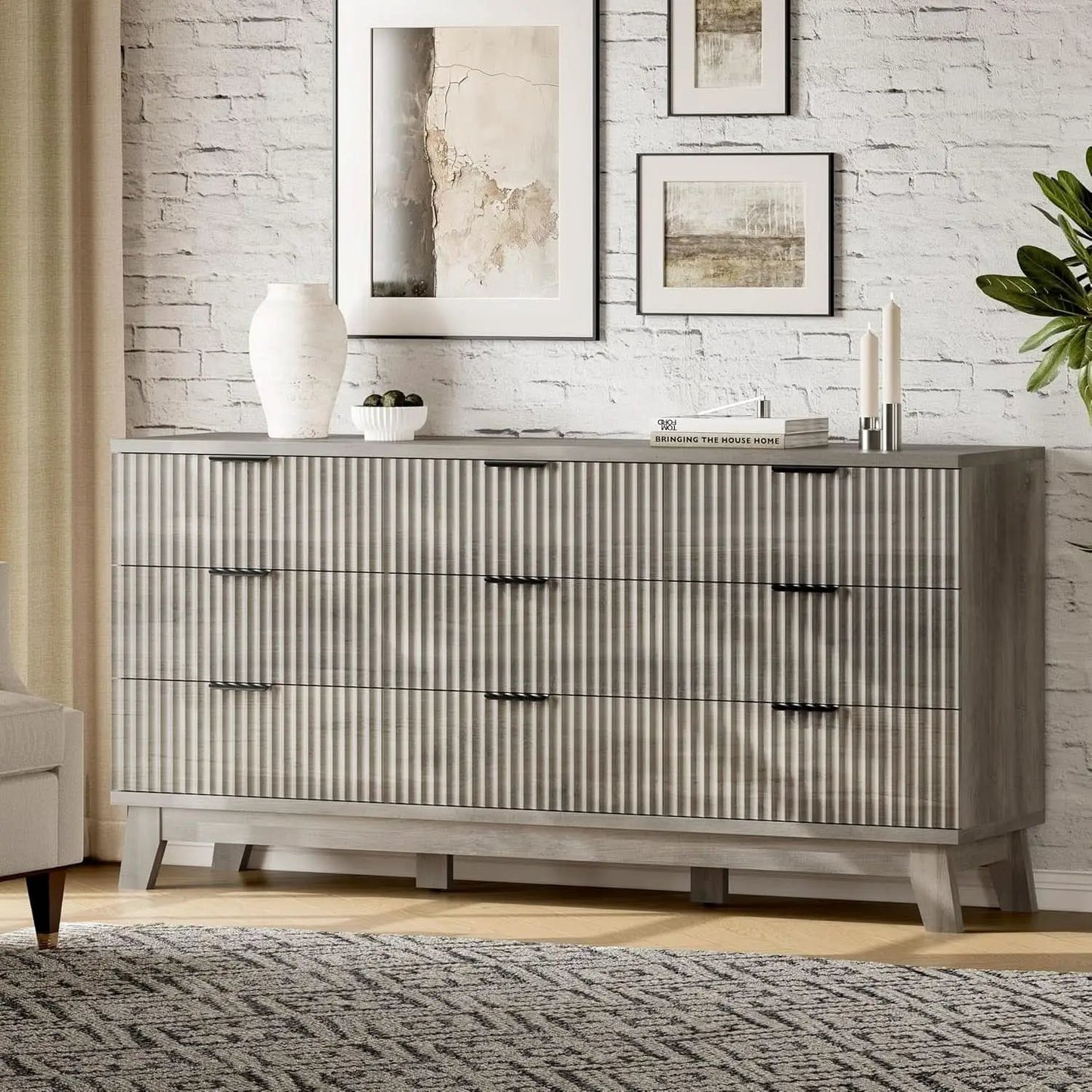 63 Inch Dresser Charcoal Grey Finish With Wave Fluted Panel And 9 Drawers from PriceLows™