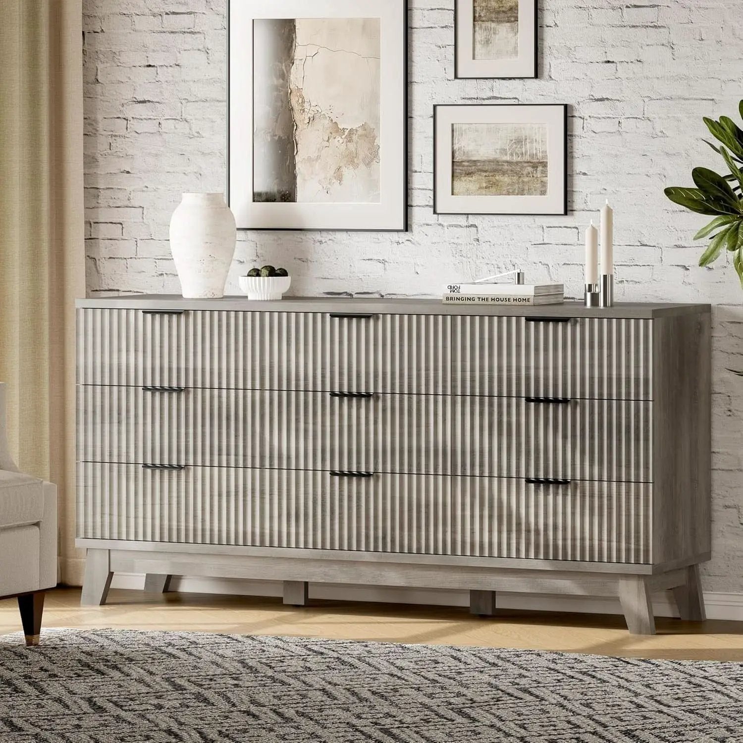 63 Inch Dresser Charcoal Grey Finish With Wave Fluted Panel And 9 Drawers from PriceLows™