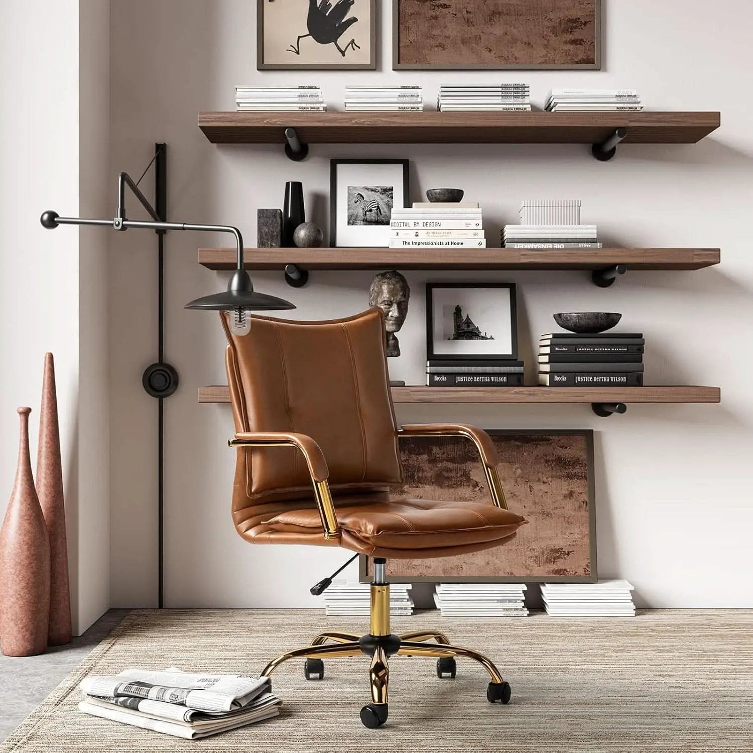 Adjustable Faux Leather Desk Chair With Golden Legs Camel from PriceLows™