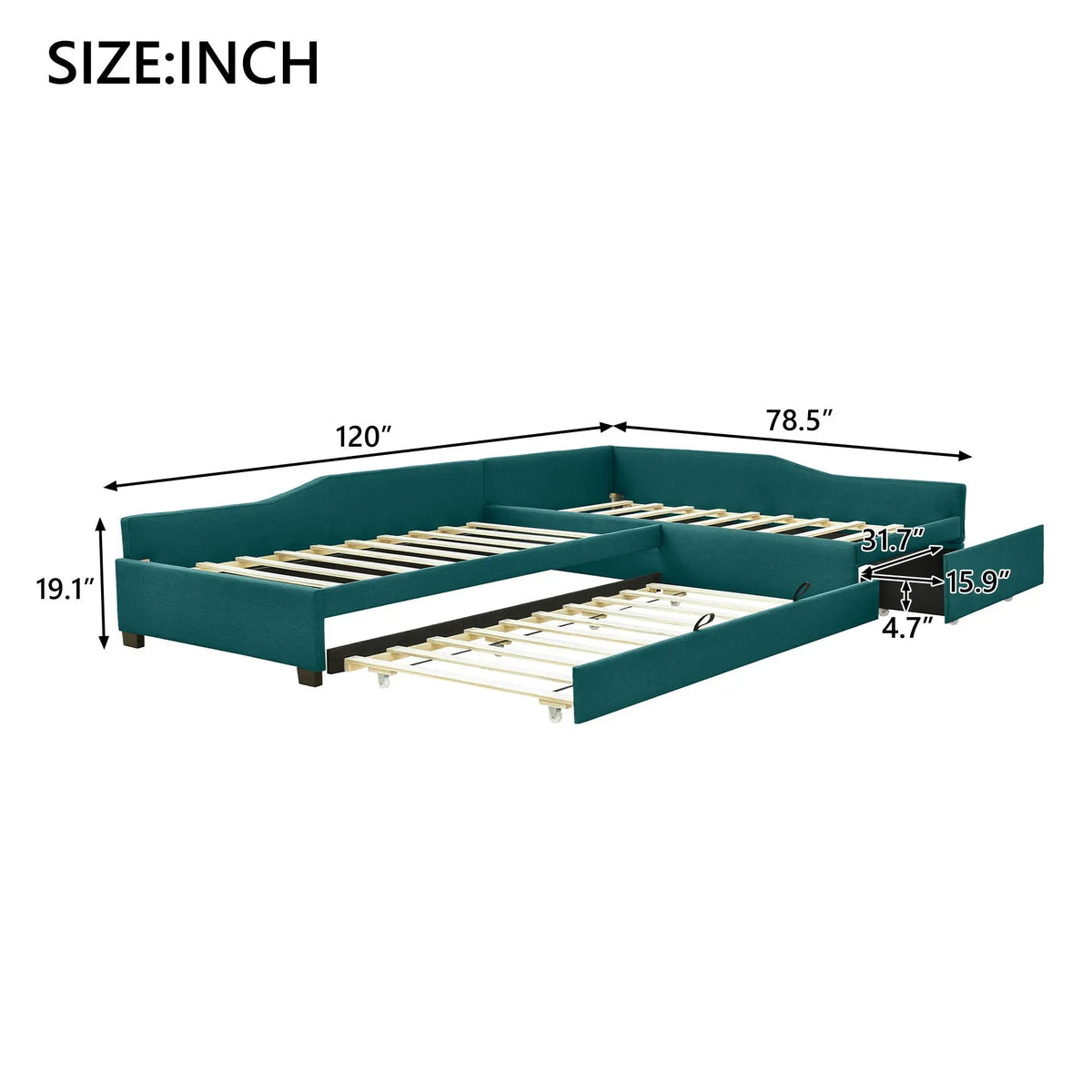 Upholstered Double Daybed | Trundle And Drawer | Two Twin Beds | 120 Inch Length