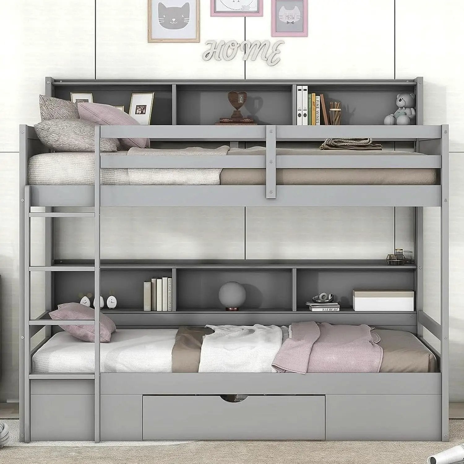 Twin Over Twin Bunk Bed Gray Storage Drawer And Shelves from PriceLows™