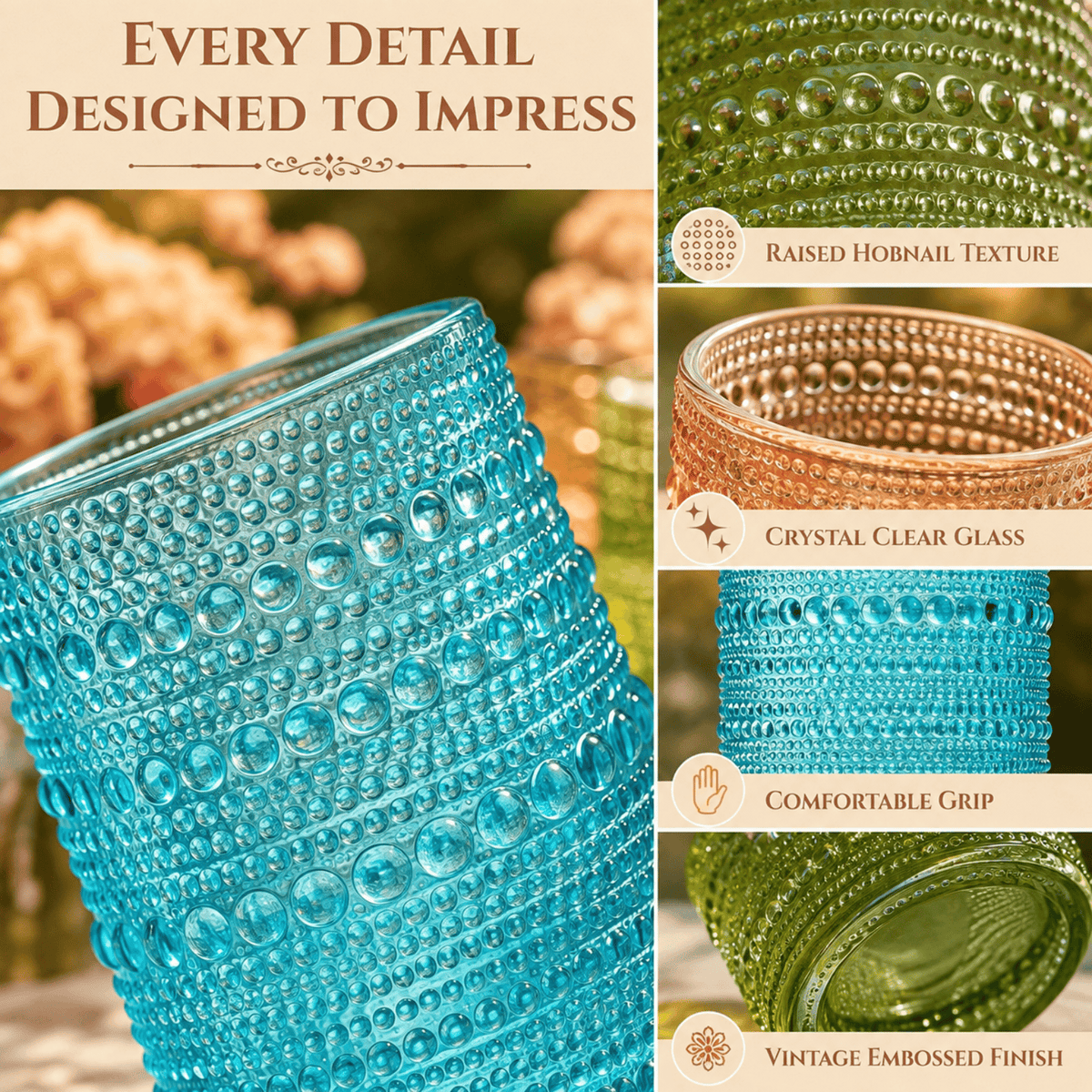 Fortuna Hobnail Lowball & Highball Glassware | 10 oz | Set of 12 | Highball & Lowball