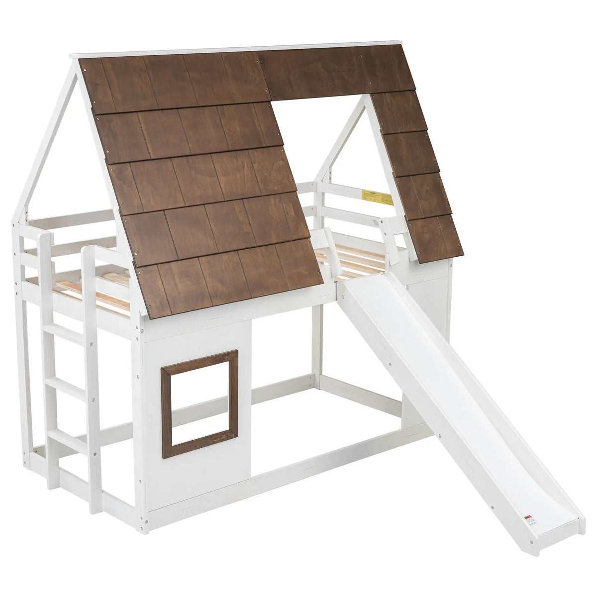 House Bunk Bed | Twin Size Solid Pine | Built In Slide | White Brown