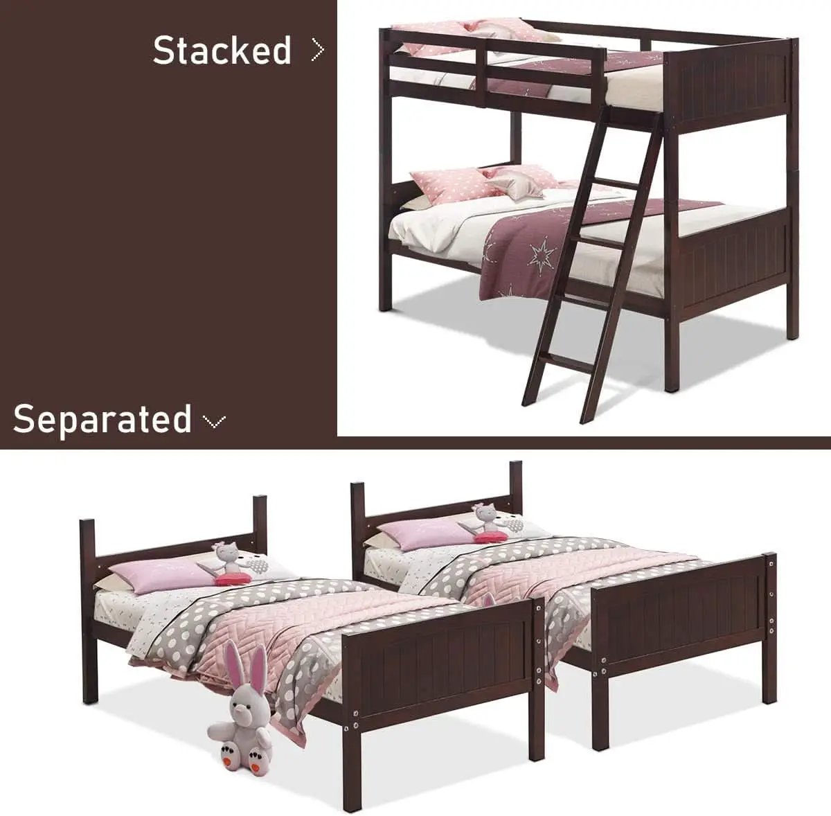 Twin Over Twin Bunk Bed Espresso With Safety Rails from PriceLows™