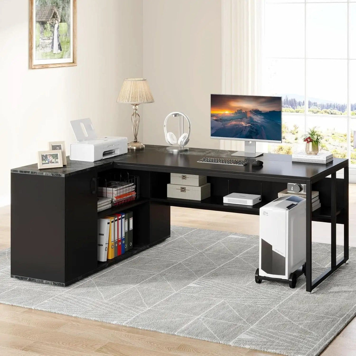 71 Inch Black L Shaped Executive Desk With Storage from PriceLows™