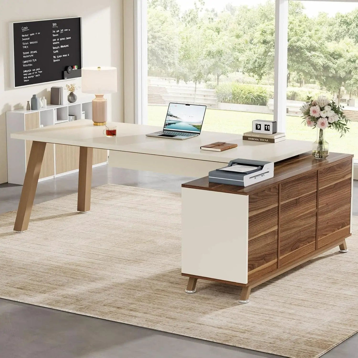 71 Inch Walnut White L Shaped Desk With 55 Inch Cabinet from PriceLows™