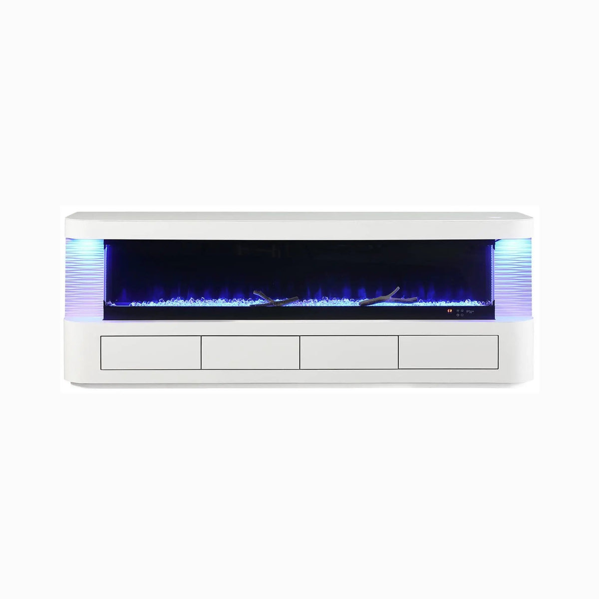 Electric Fireplace TV Stand | 71 Inch Modern White | 3-Level LED Brightness | Engineered Wood And Glass