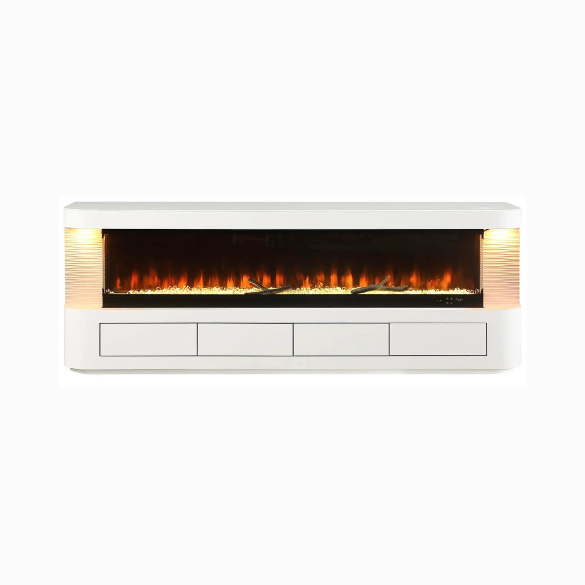 Electric Fireplace TV Stand | 71 Inch Modern White | 3-Level LED Brightness | Engineered Wood And Glass