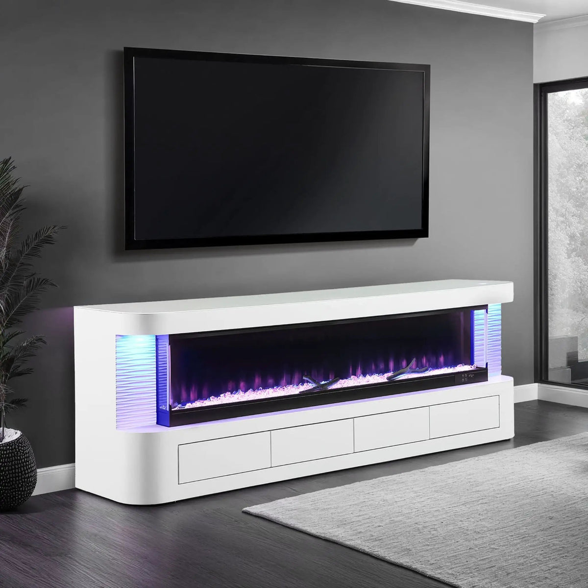 Electric Fireplace TV Stand | 71 Inch Modern White | 3-Level LED Brightness | Engineered Wood And Glass