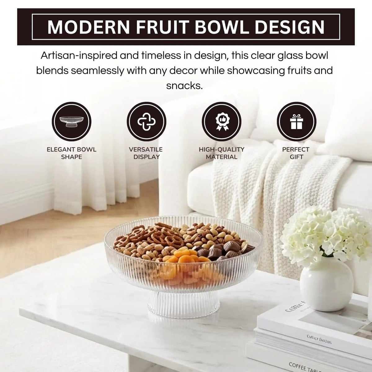 Decorative Fluted Transparent Glass Bowl, Fruit, Snacks Sweets | Glass | Decorative Bowl | Entertaining