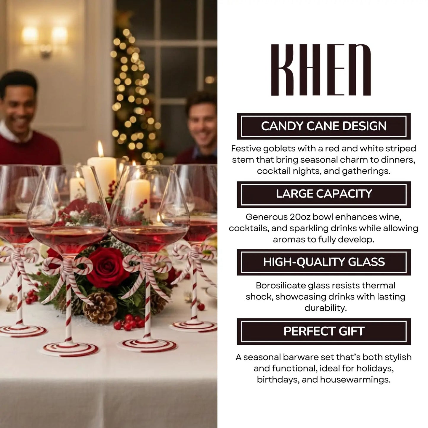 Khen Christmas Candy Cane Bow Wine Glasses - Set of 2 from PriceLows™