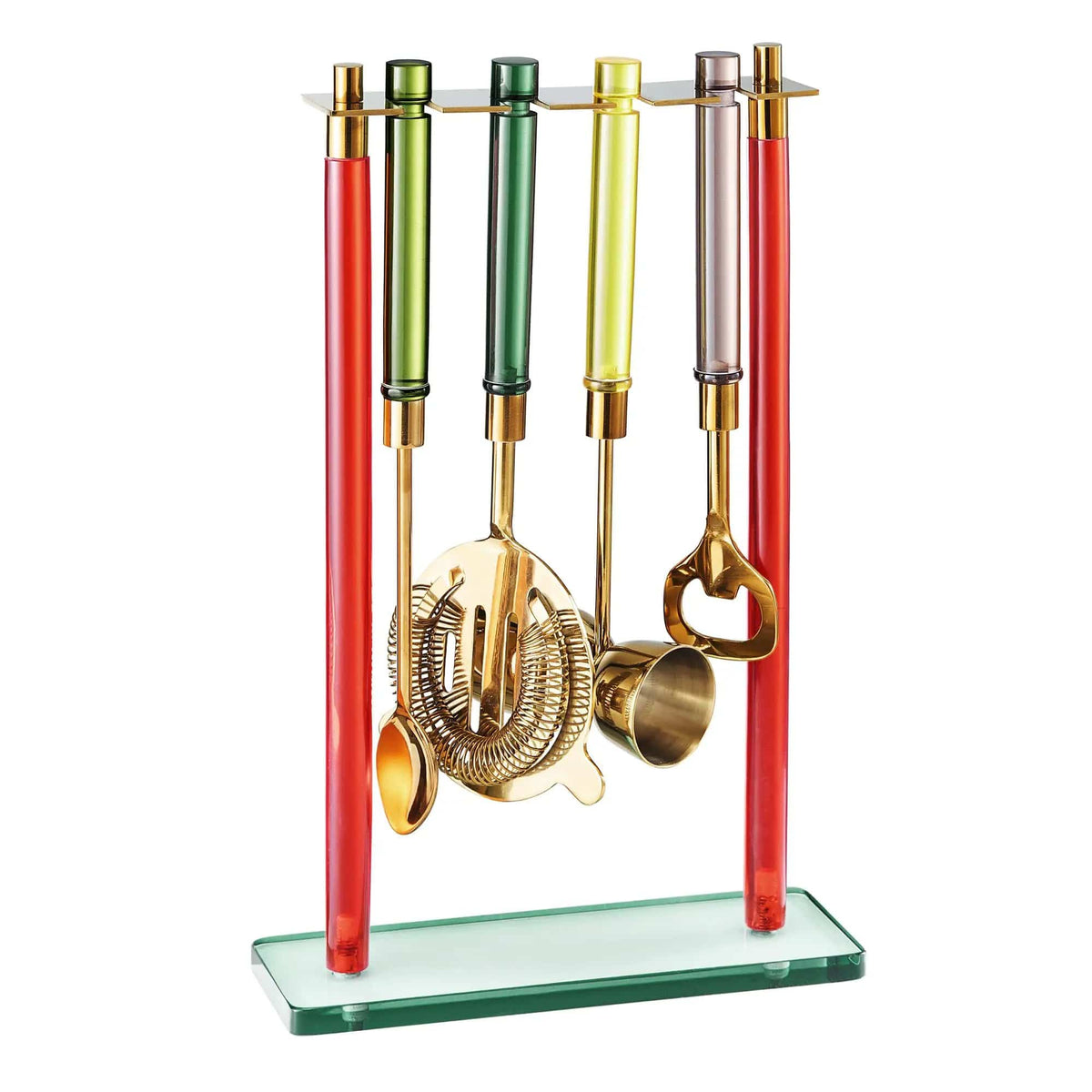5-PC Gold Bartender Kit with Stand & Color Handles | Set of 5 | Steel | Bottle Opener