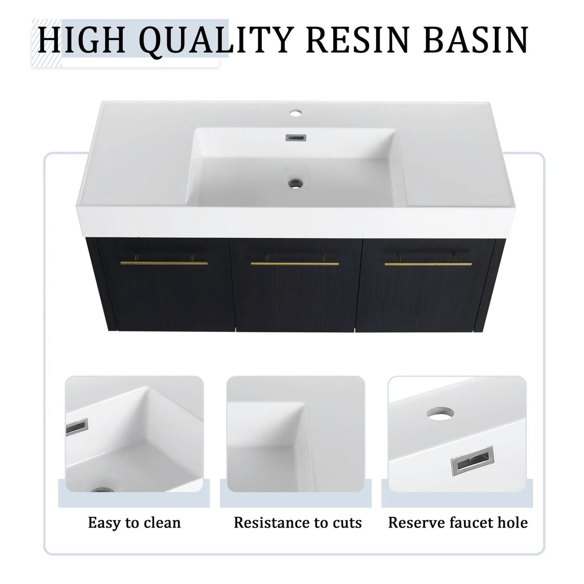 Modern Wall Mounted Bathroom Vanity With Thick Edge Resin Sink And Storage Rack | 3 Pieces | Stainless Steel & Plywood | Bathroom