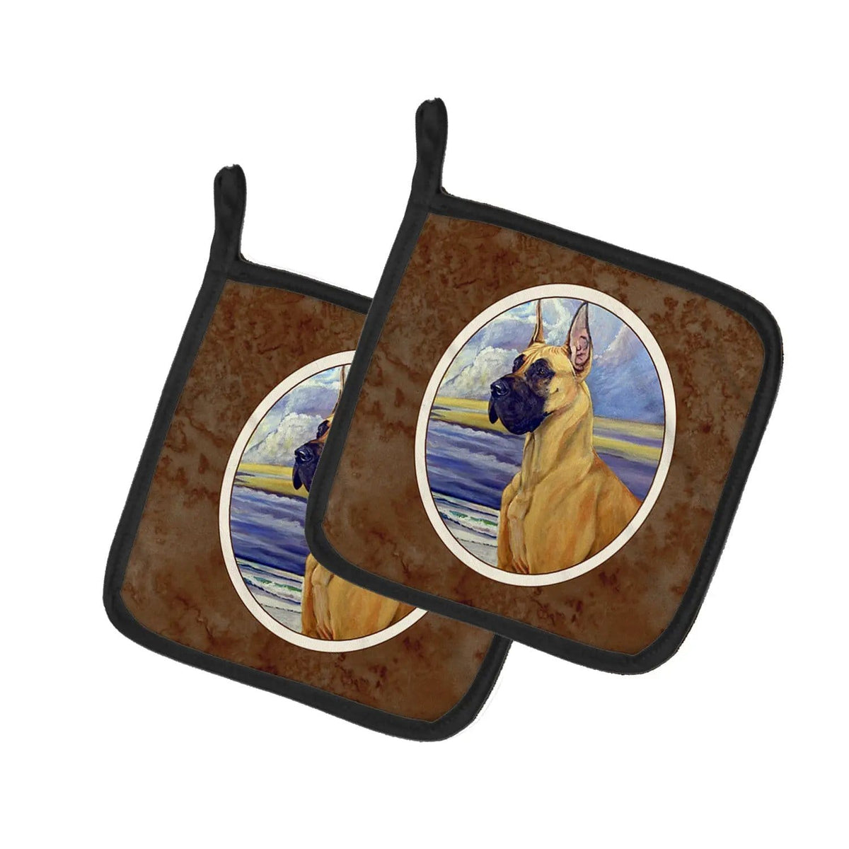 Pot Holder Set of 2 | Heat Resistant Quilted Hot Pads | 7.5 x 7.5 Inch | Fawn Great Dane at the beach