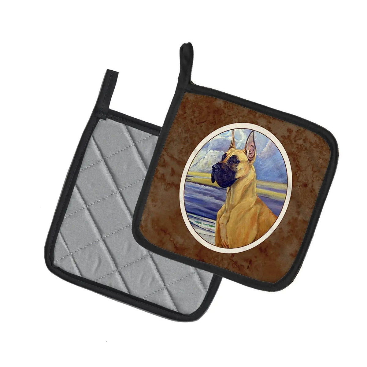 Pot Holder Set of 2 | Heat Resistant Quilted Hot Pads | 7.5 x 7.5 Inch | Fawn Great Dane at the beach