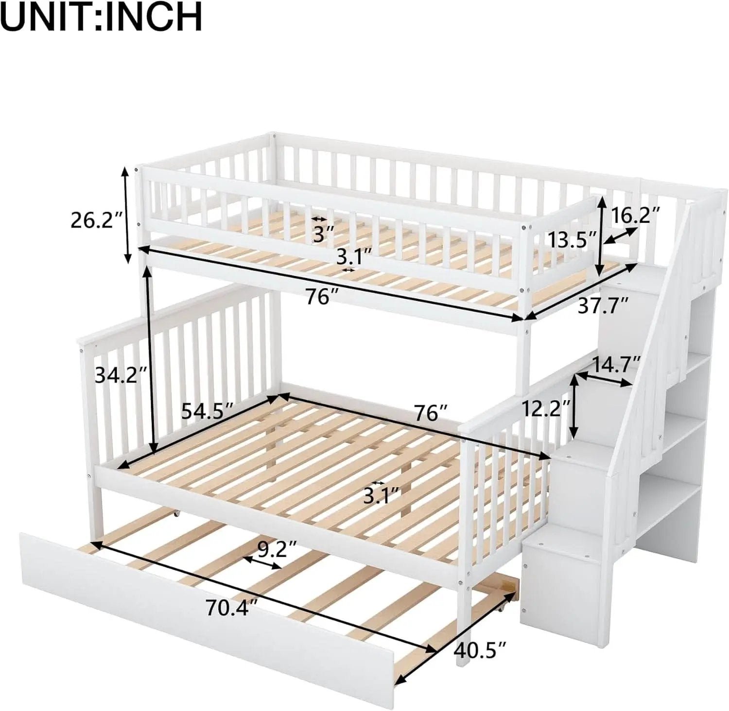Twin Over Full Bunk Bed With Stairs And Trundle White Wood from PriceLows™