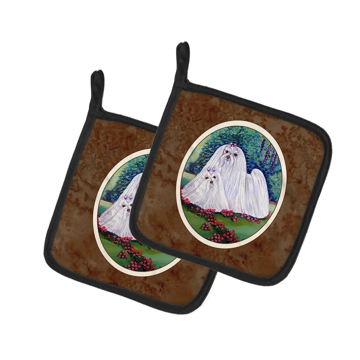 Pot Holder Set of 2 | Heat Resistant Quilted Hot Pads | 7.5 x 7.5 Inch | Maltese Momma and Puppy