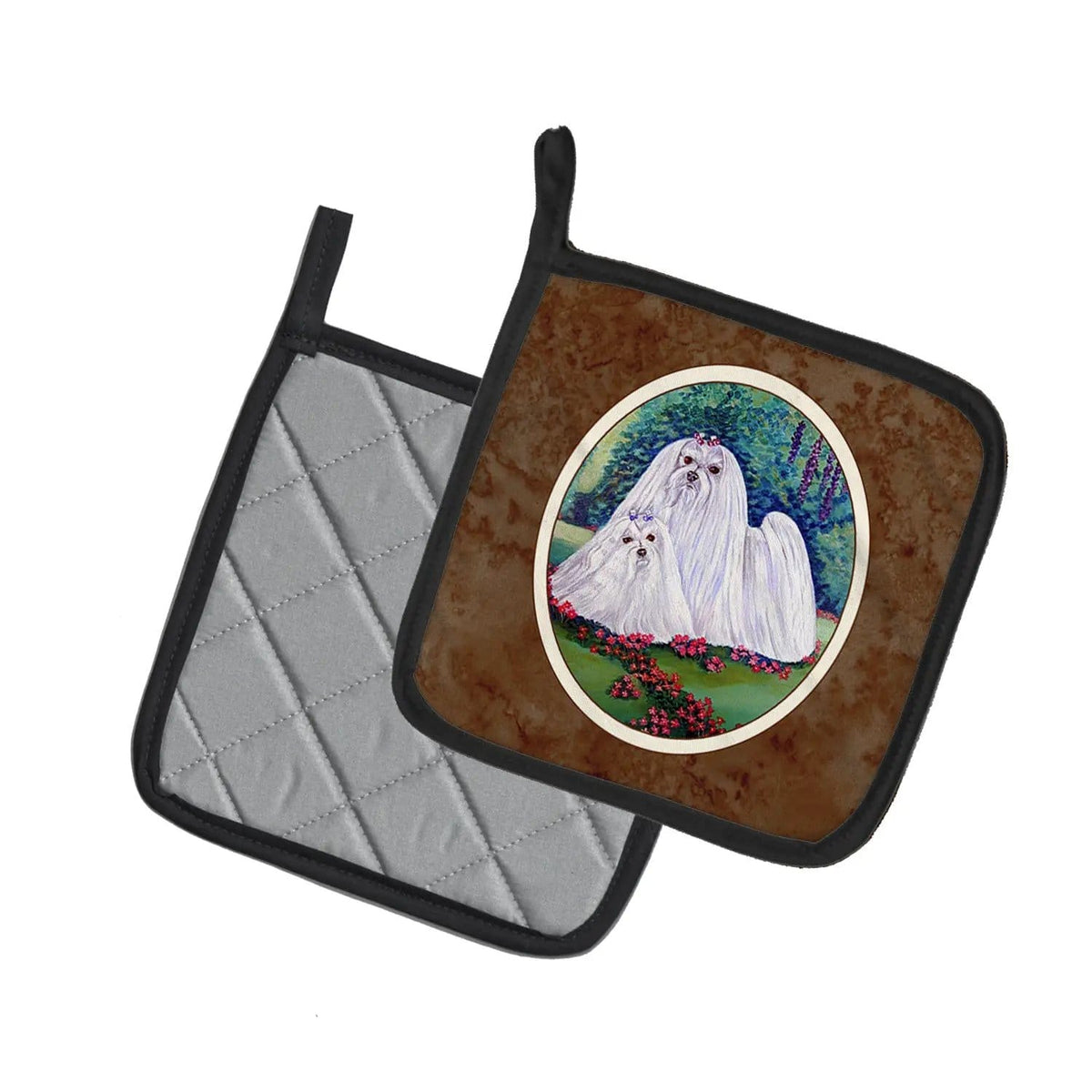 Pot Holder Set of 2 | Heat Resistant Quilted Hot Pads | 7.5 x 7.5 Inch | Maltese Momma and Puppy