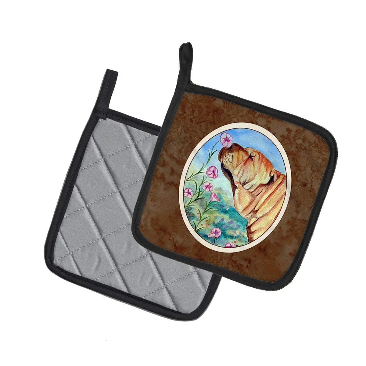 Pot Holder Set of 2 | Heat Resistant Quilted Hot Pads | 7.5 x 7.5 Inch | Shar Pei Smell the flowers