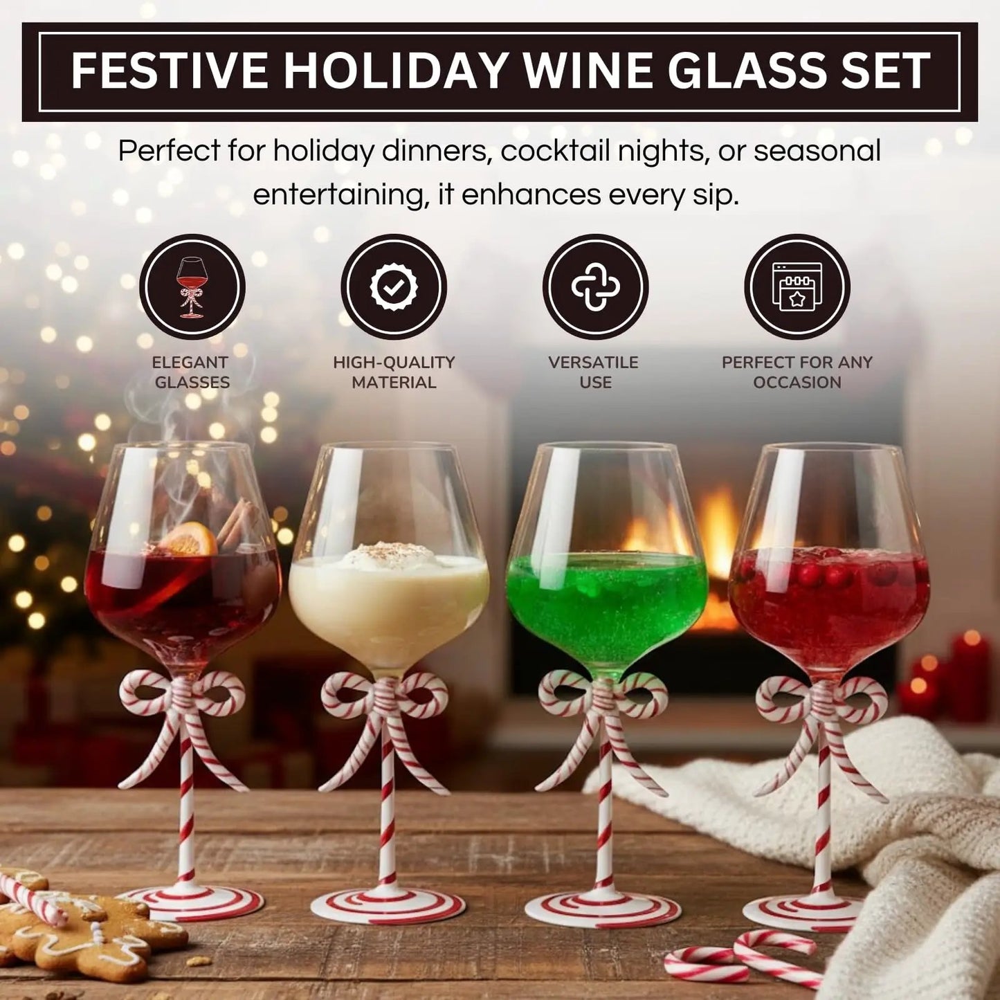 Khen Christmas Candy Cane Bow Wine Glasses - Set of 2 from PriceLows™