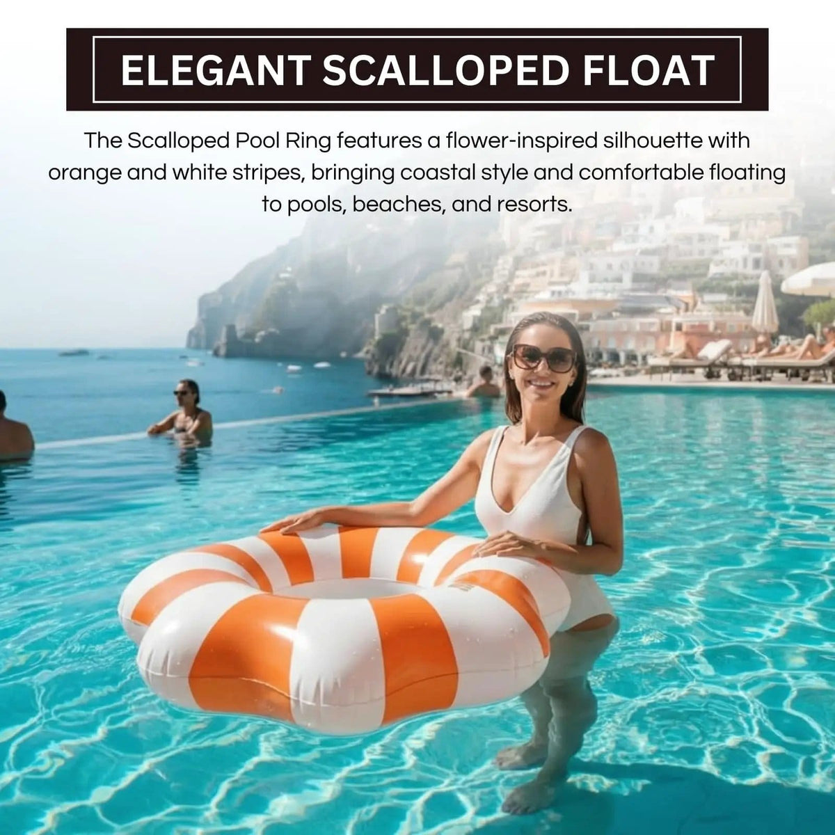 Amalfi Scalloped Inflatable Tube Pool Float Ring - Orange & White | Home Decor | Gift Ready