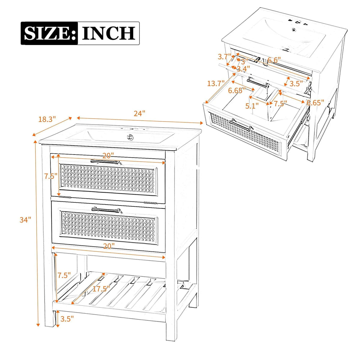 Modern Bathroom Vanity With Integrated Sink, Cabinet With 1 Deep Drawer And 1 | 2 Pieces | Solid Wood & Rattan | Bathroom