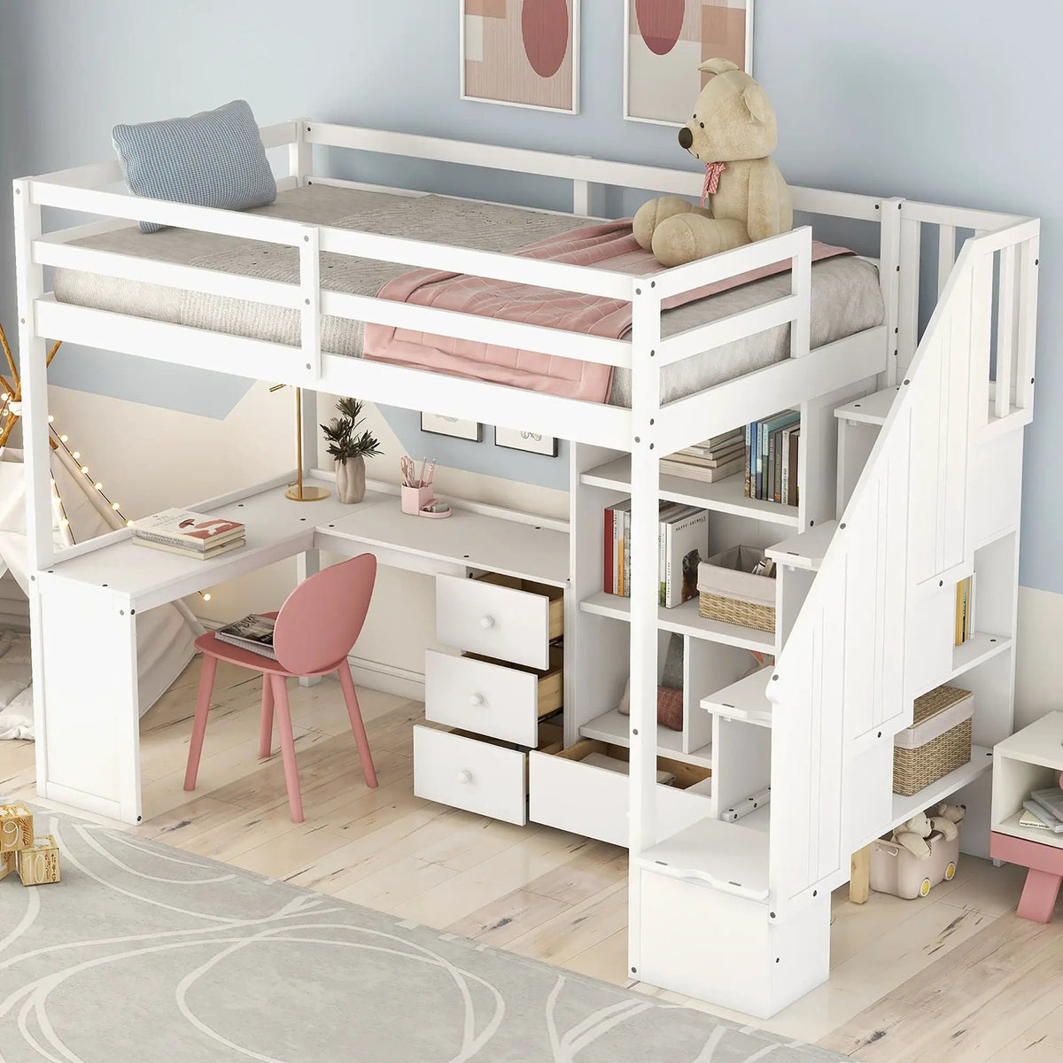 Loft Bed | L Shaped Desk | Storage Staircase | Built In Drawers