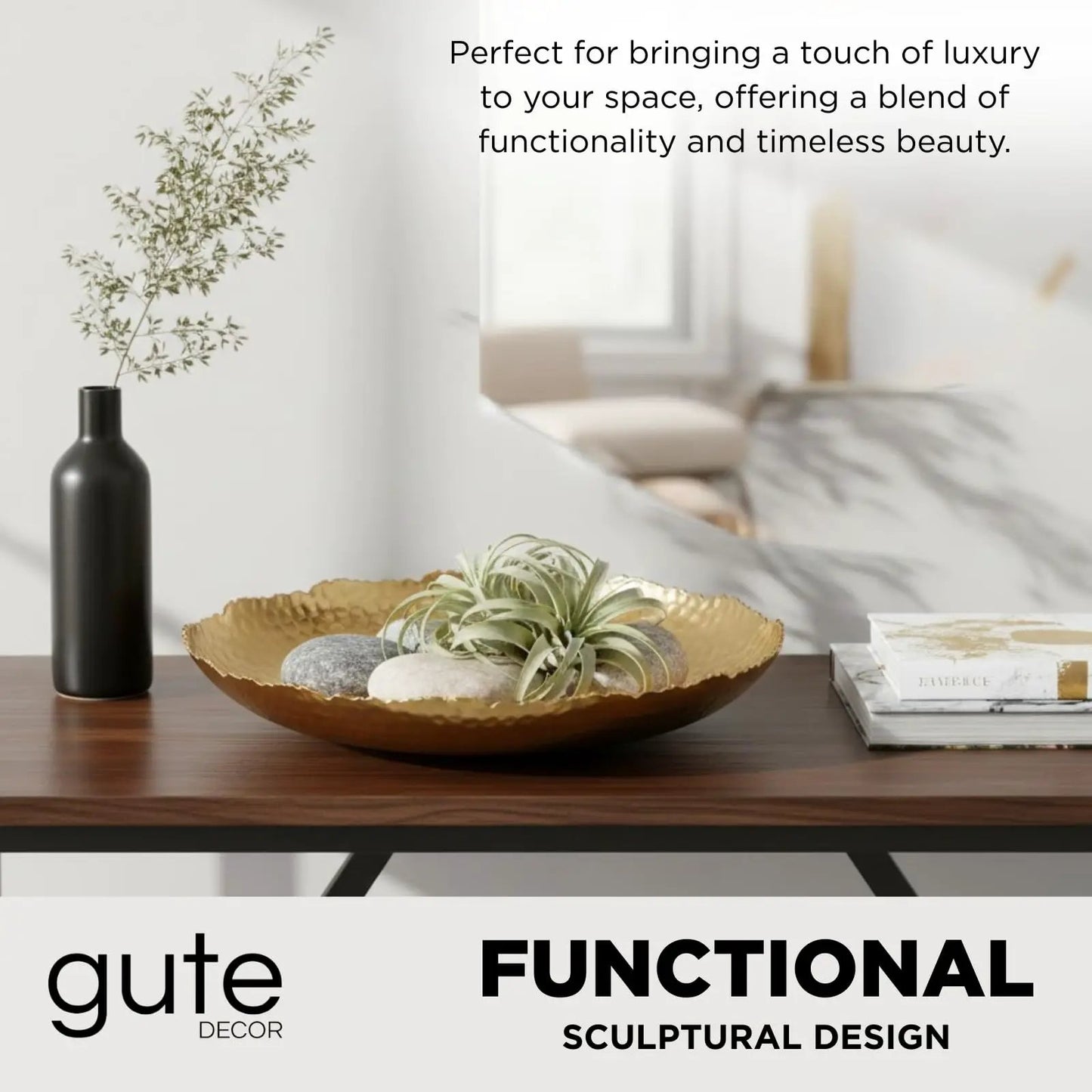 Gold Hammered Decorative Bowl Elegant Aluminum Centerpiece from PriceLows™