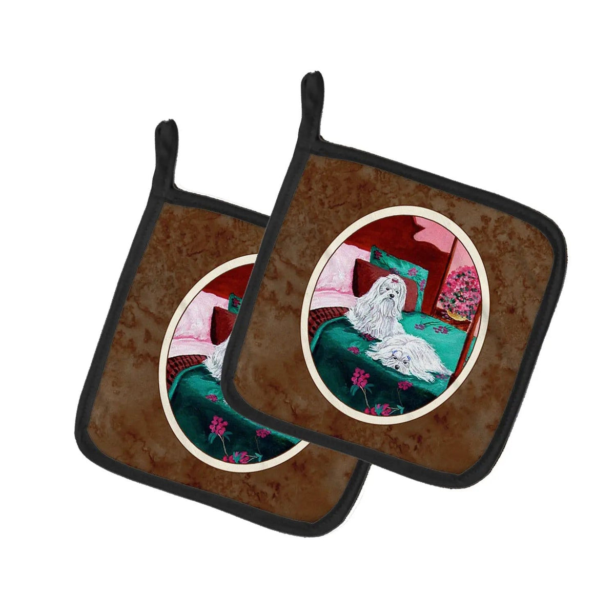 Pot Holder Set of 2 | Heat Resistant Quilted Hot Pads | 7.5 x 7.5 Inch | Maltese and puppy waiting on you