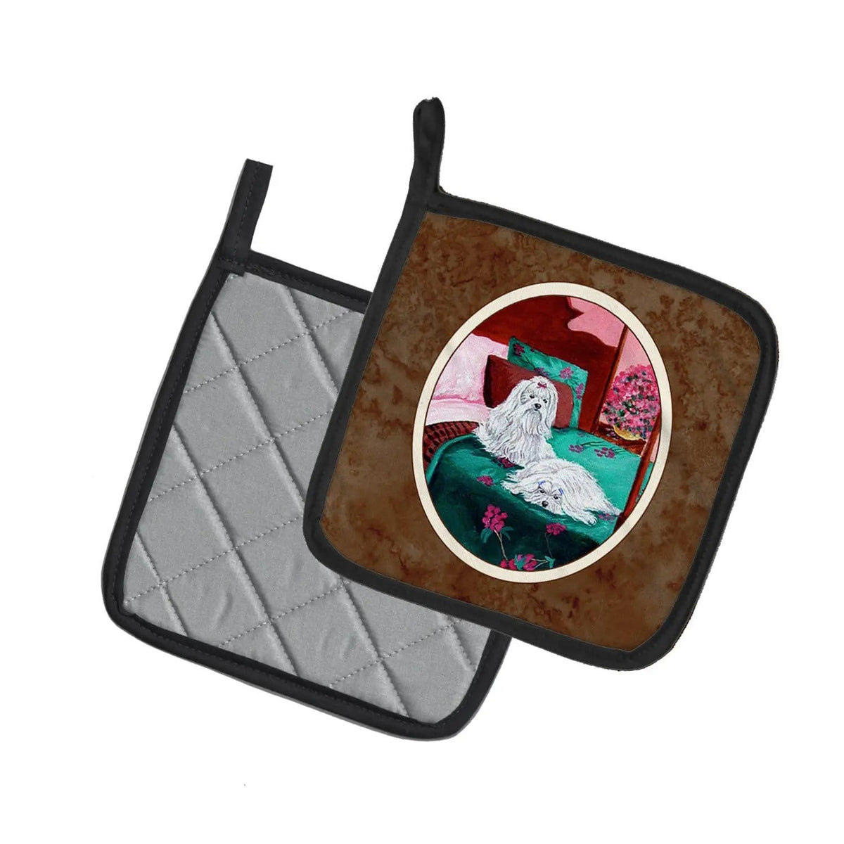 Pot Holder Set of 2 | Heat Resistant Quilted Hot Pads | 7.5 x 7.5 Inch | Maltese and puppy waiting on you