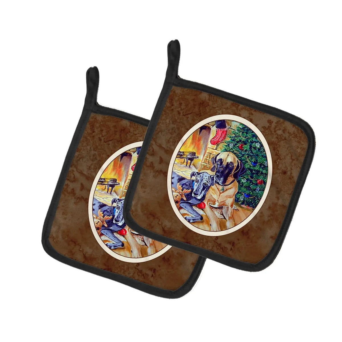 Pot Holder Set of 2 | Heat Resistant Quilted Hot Pads | 7.5 x 7.5 Inch | Fawn and Blue Great Dane waiting on Christmas