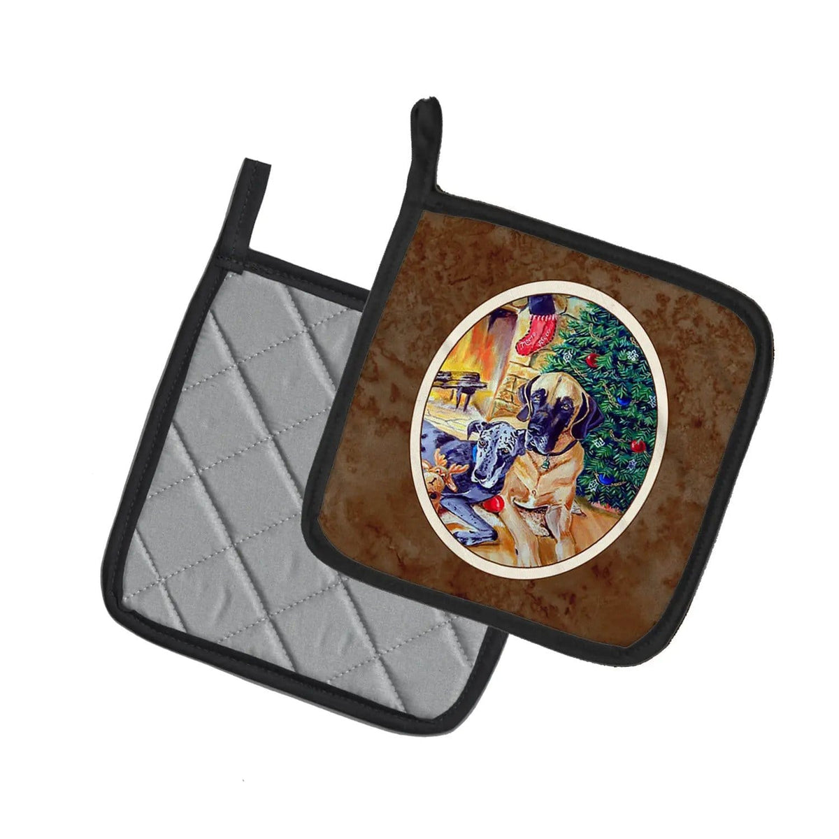 Pot Holder Set of 2 | Heat Resistant Quilted Hot Pads | 7.5 x 7.5 Inch | Fawn and Blue Great Dane waiting on Christmas