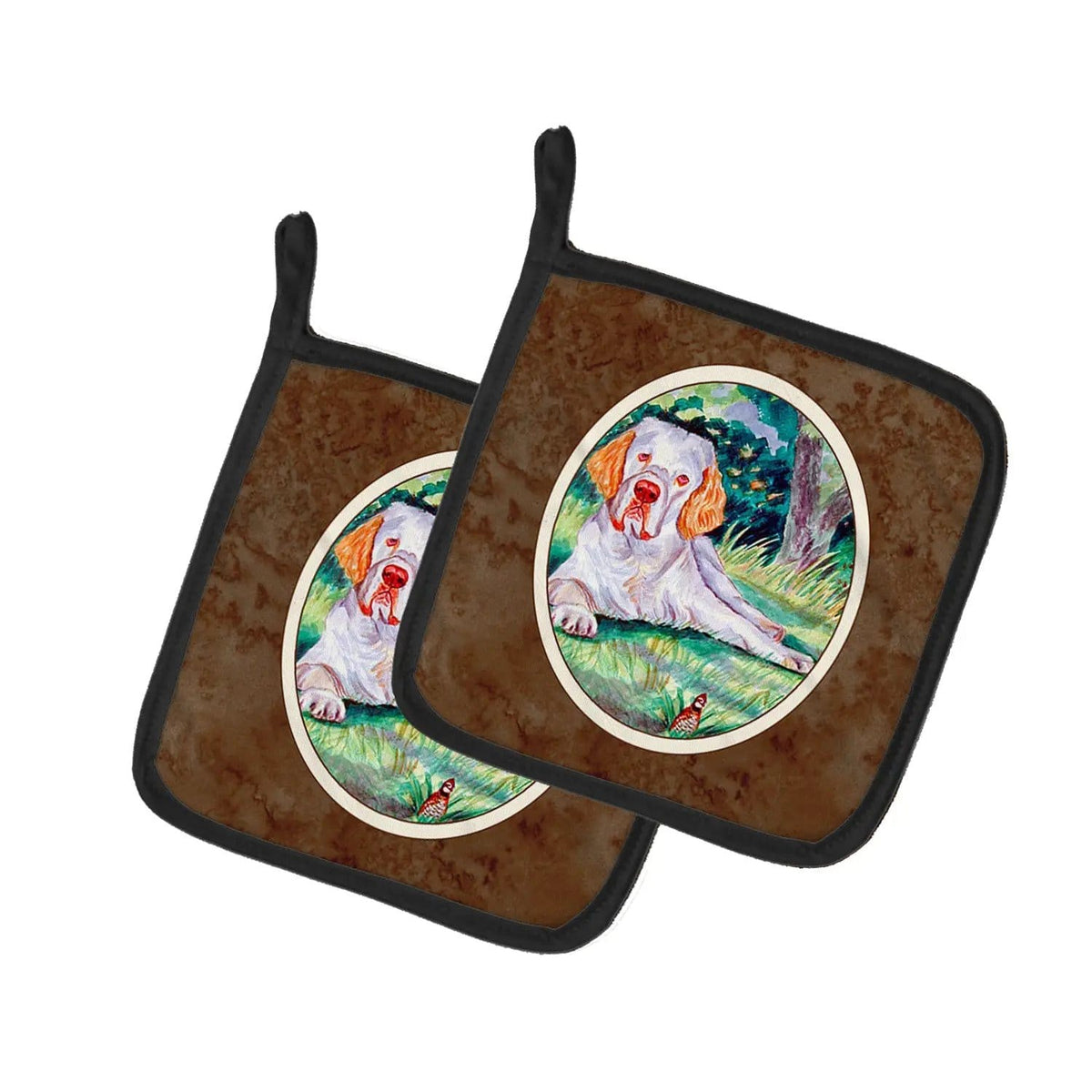 Pot Holder Set of 2 | Heat Resistant Quilted Hot Pads | 7.5 x 7.5 Inch | Clumber Spaniel (Style 5)