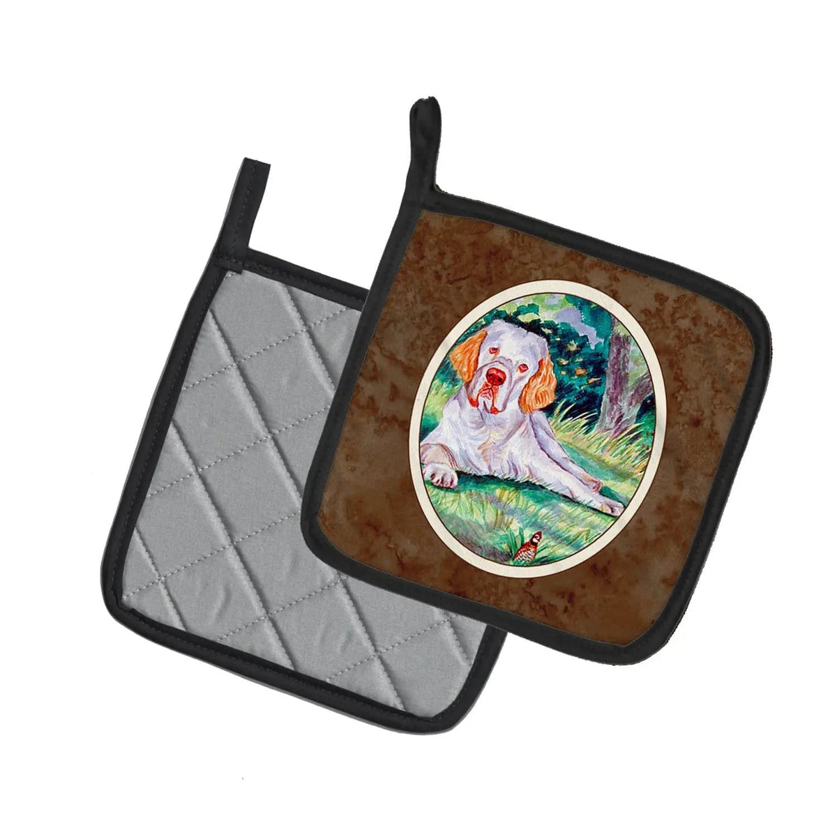 Pot Holder Set of 2 | Heat Resistant Quilted Hot Pads | 7.5 x 7.5 Inch | Clumber Spaniel (Style 5)
