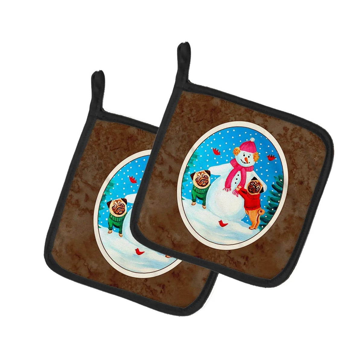 Pot Holder Set of 2 | Heat Resistant Quilted Hot Pads | 7.5 x 7.5 Inch | Snowman with Pug Winter Snowman