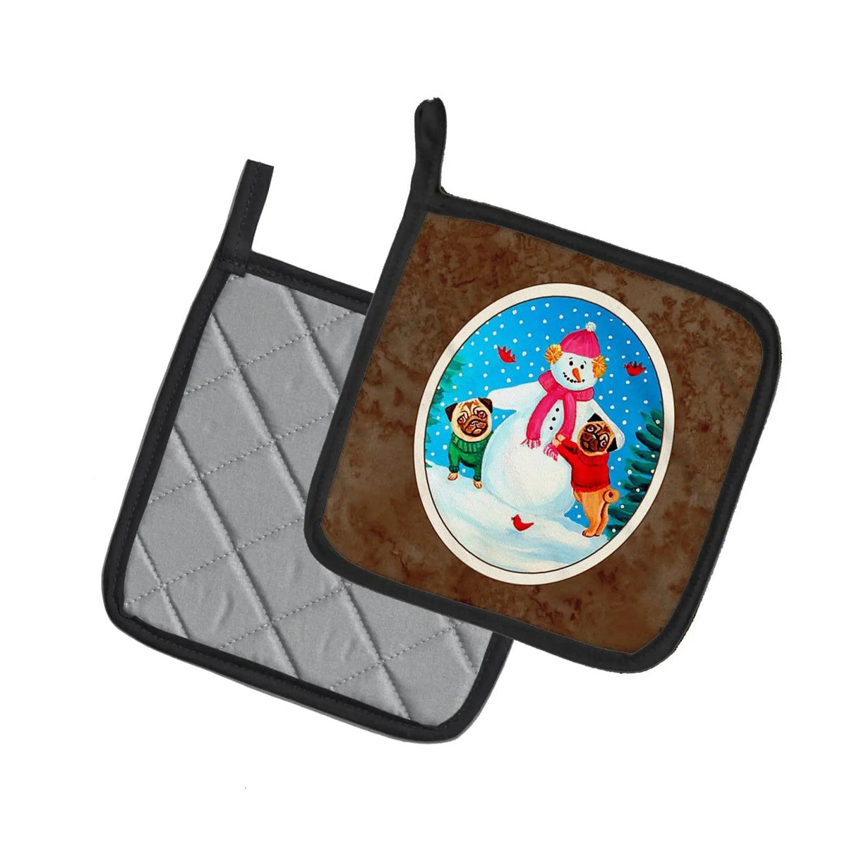 Pot Holder Set of 2 | Heat Resistant Quilted Hot Pads | 7.5 x 7.5 Inch | Snowman with Pug Winter Snowman