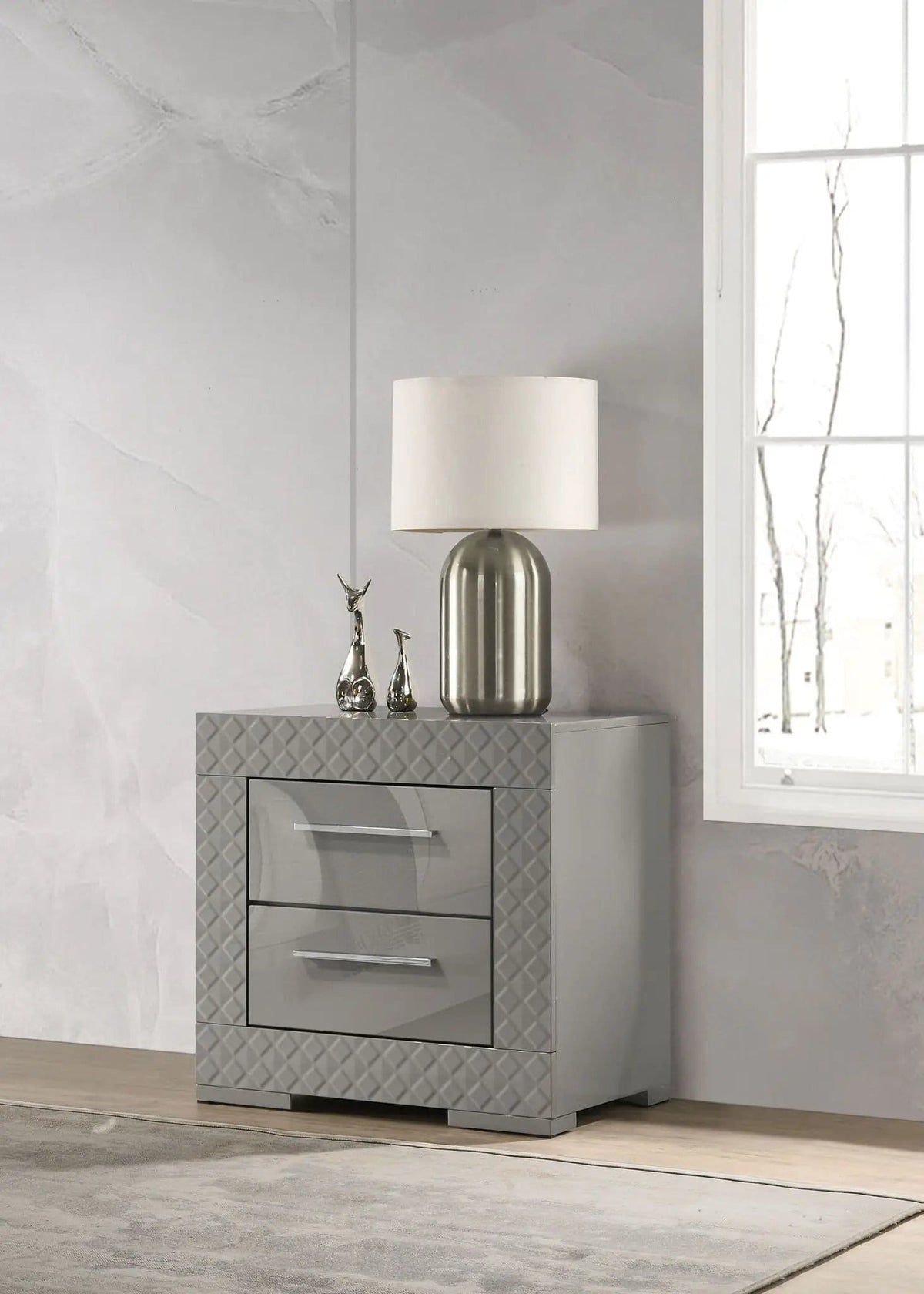Ives 2-drawer Nightstand Bedside Table Grey High Gloss | 25.5 x 15.5 x 24.5 in | 2-Drawer | Bedroom