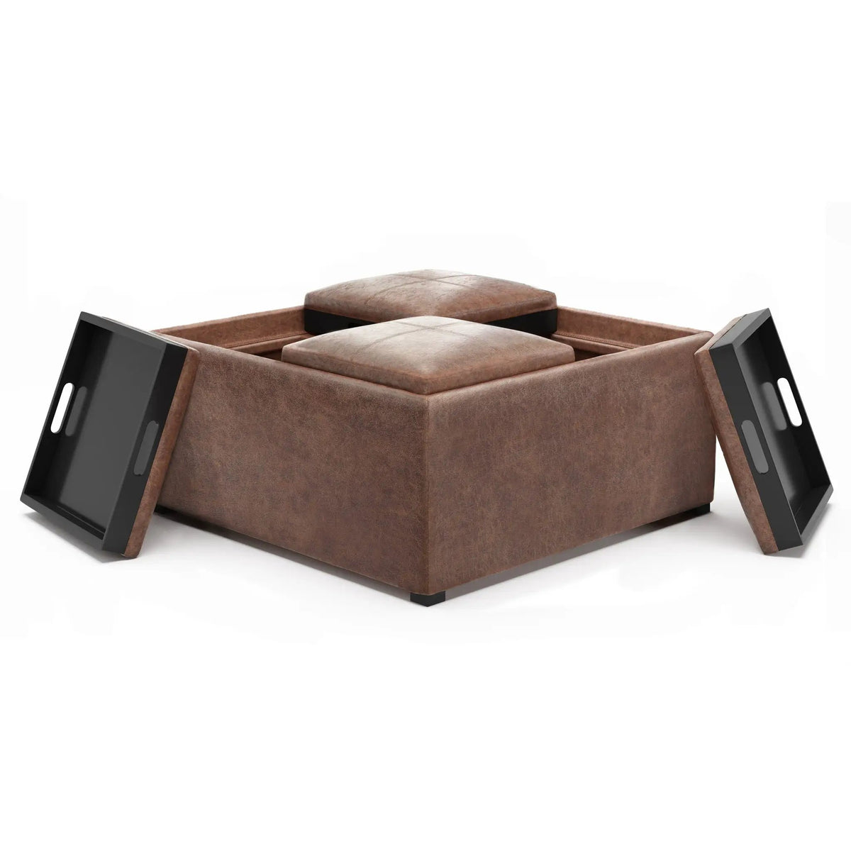Avalon Square Storage Ottoman | Coffee Table Design | Four Flip Over Serving Trays | 35 Inch Width