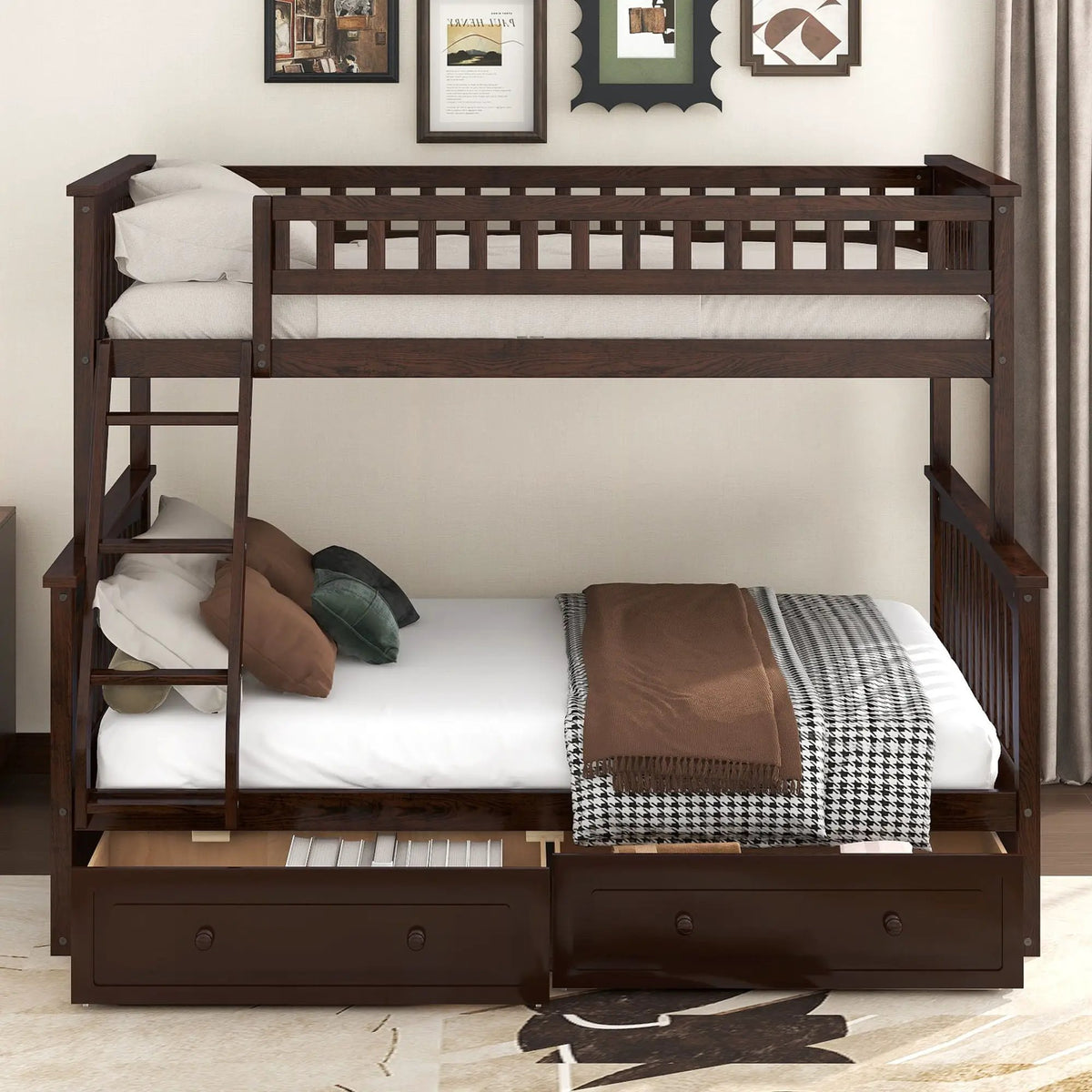 Bunk Bed With Drawers | Convertible Storage Design | Solid Pine Wood | Fence-Shaped Guardrail