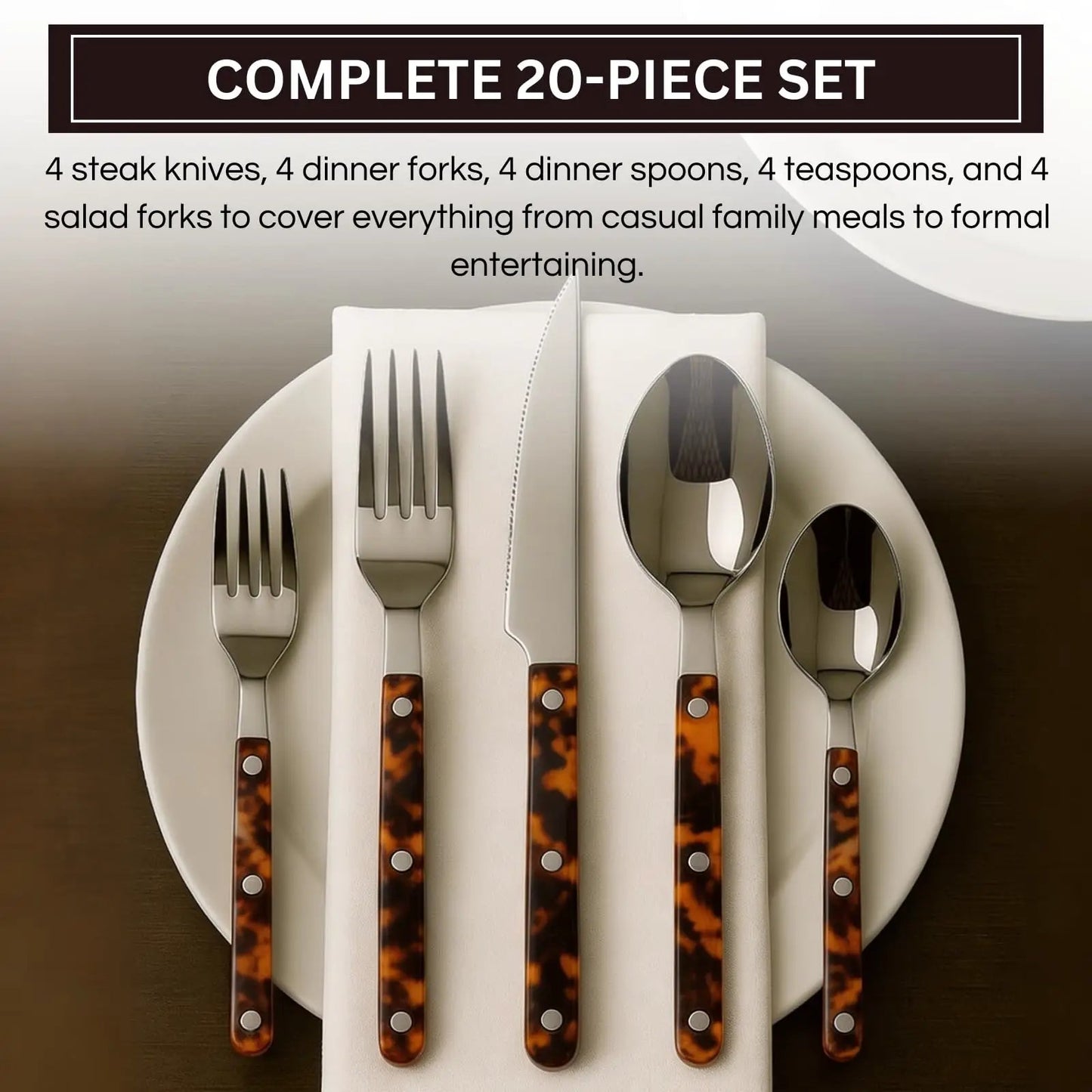 Premium Stainless Steel Flatware Set, 20 Piece Tortoise from PriceLows™