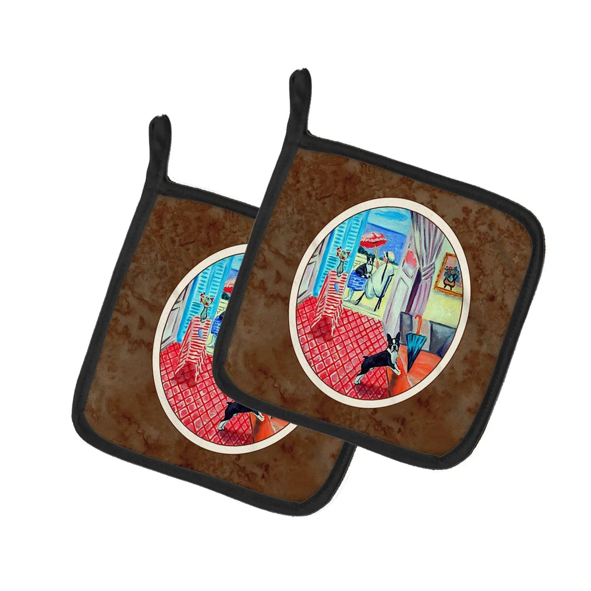 Pot Holder Set of 2 | Heat Resistant Quilted Hot Pads | 7.5 x 7.5 Inch | Lady with her Boston Terrier