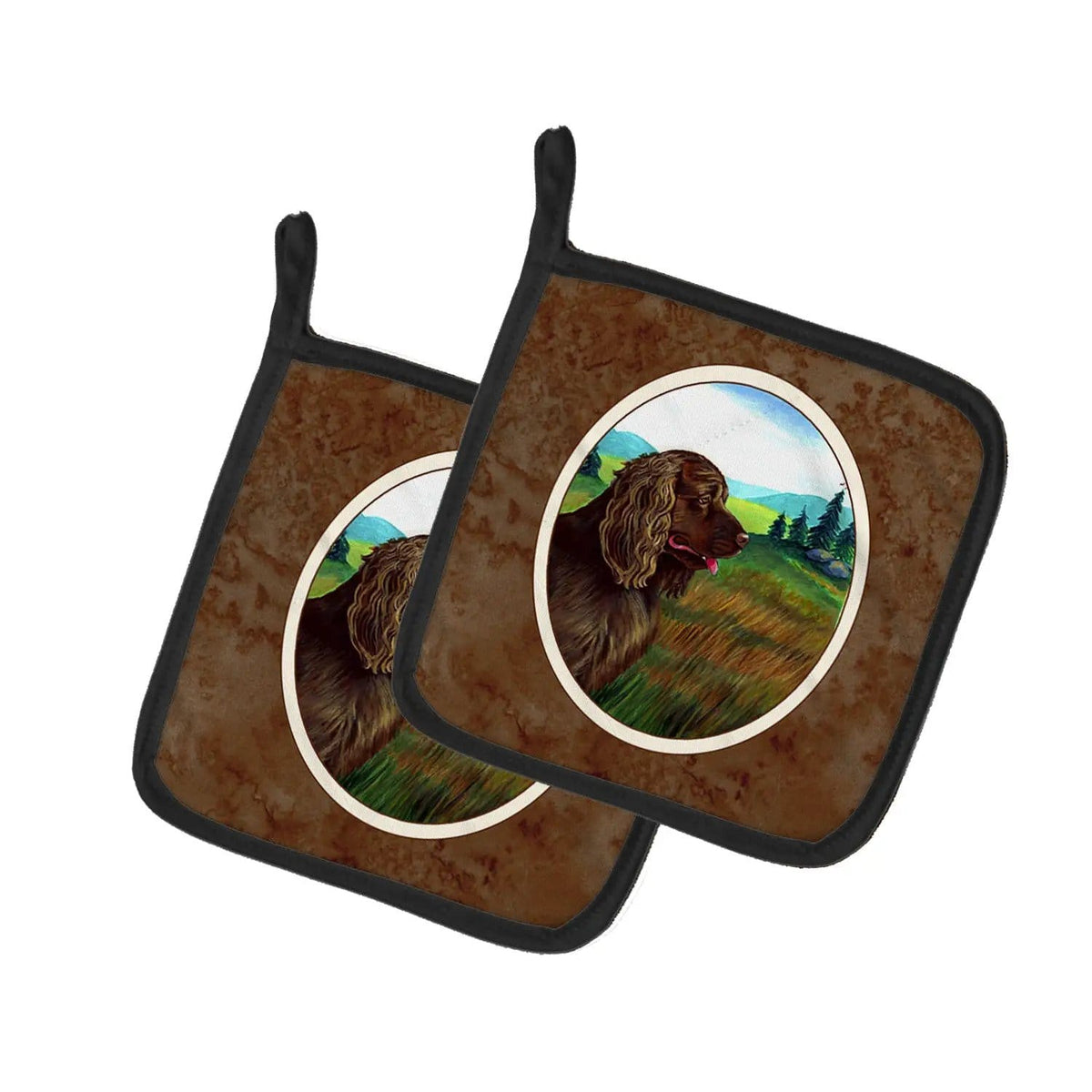 Pot Holder Set of 2 | Heat Resistant Quilted Hot Pads | 7.5 x 7.5 Inch | Sussex Spaniel (Style 3)