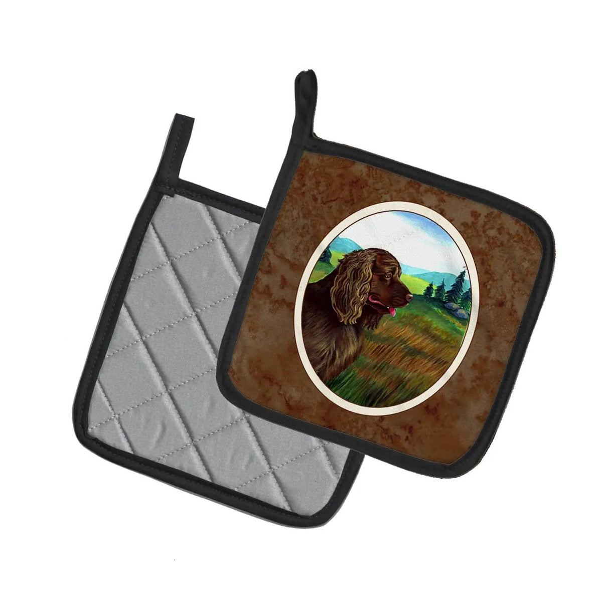Pot Holder Set of 2 | Heat Resistant Quilted Hot Pads | 7.5 x 7.5 Inch | Sussex Spaniel (Style 3)