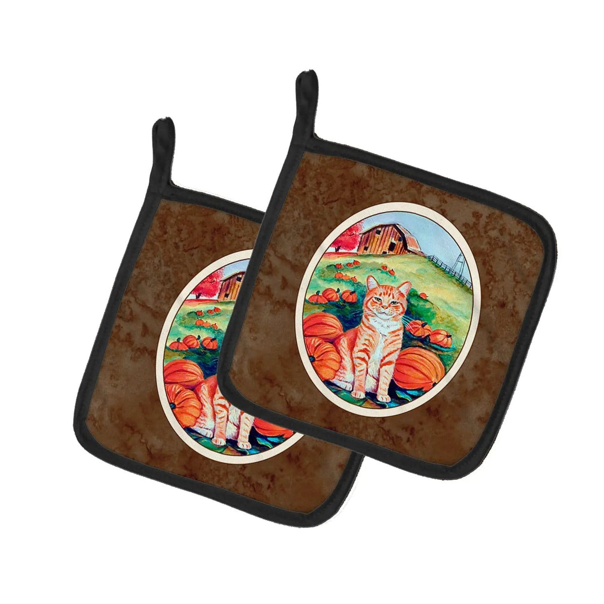 Pot Holder Set of 2 | Heat Resistant Quilted Hot Pads | 7.5 x 7.5 Inch | Tabby Cat in Pumpins