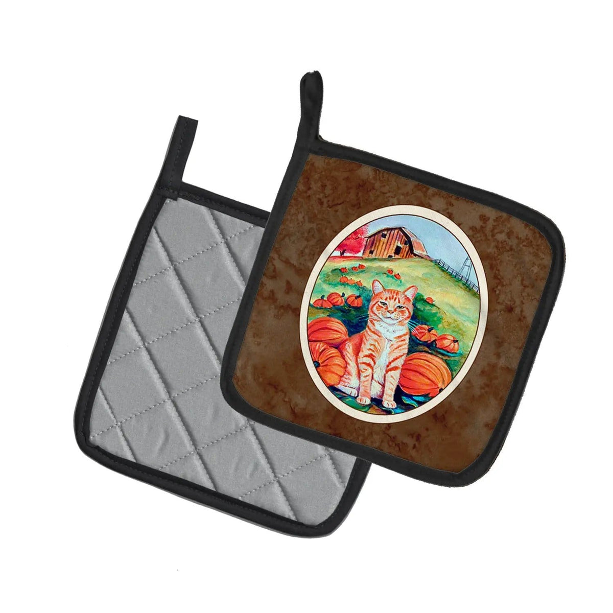 Pot Holder Set of 2 | Heat Resistant Quilted Hot Pads | 7.5 x 7.5 Inch | Tabby Cat in Pumpins