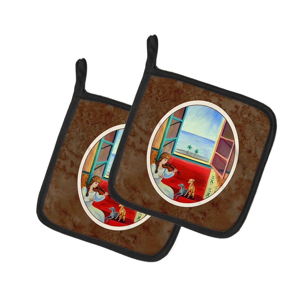 Pot Holder Set of 2 | Heat Resistant Quilted Hot Pads | 7.5 x 7.5 Inch | Italian Greyhounds and Violinist