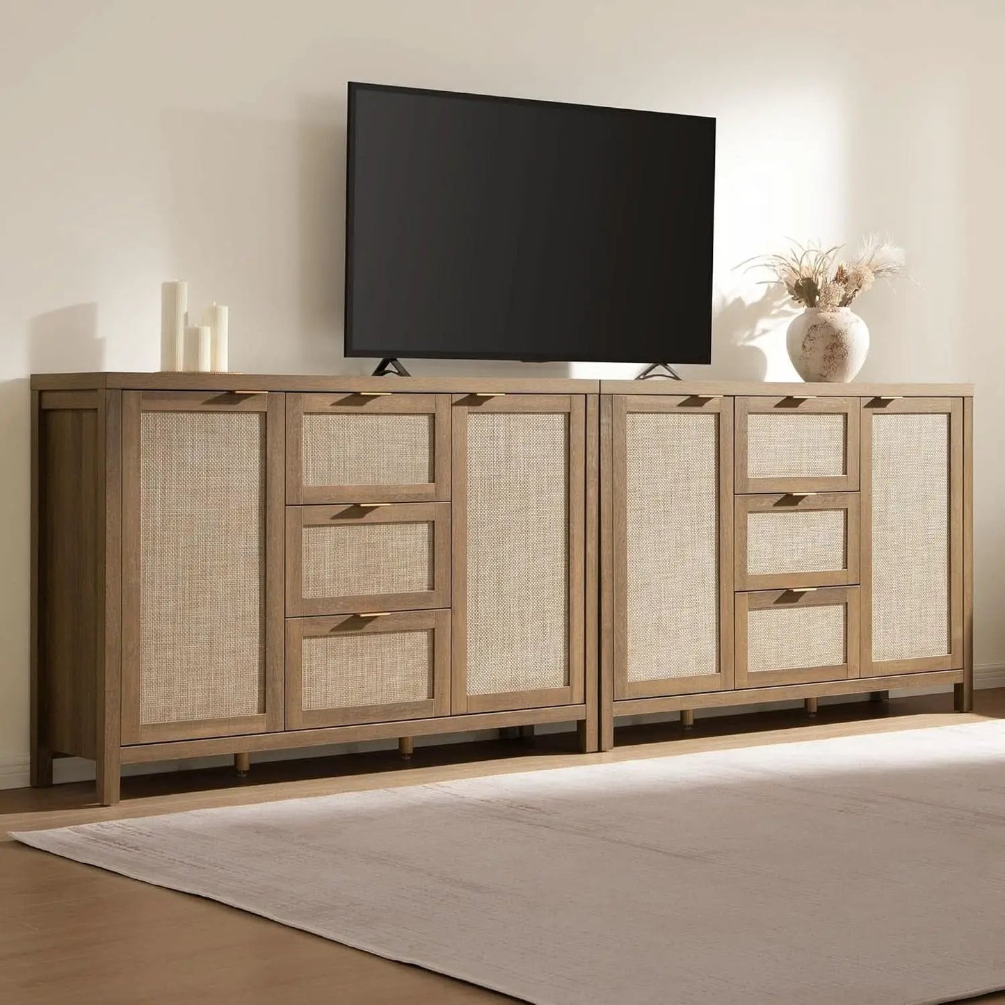 Caramel Oak Rattan Large Sideboard Buffet Storage Cabinet from PriceLows™