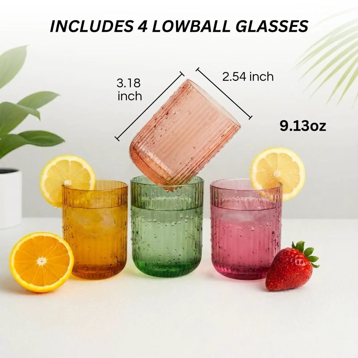 Ribbed Glasses - 4 Highball Glasses & 4 Lowball | 12.85 oz | Set of 8 | Drinkware Set