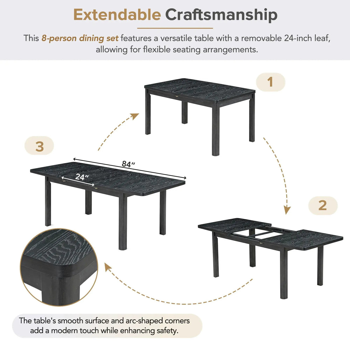 9 Piece Dining Set | Removable Leaf | Rubberwood | 24 Inch Extension