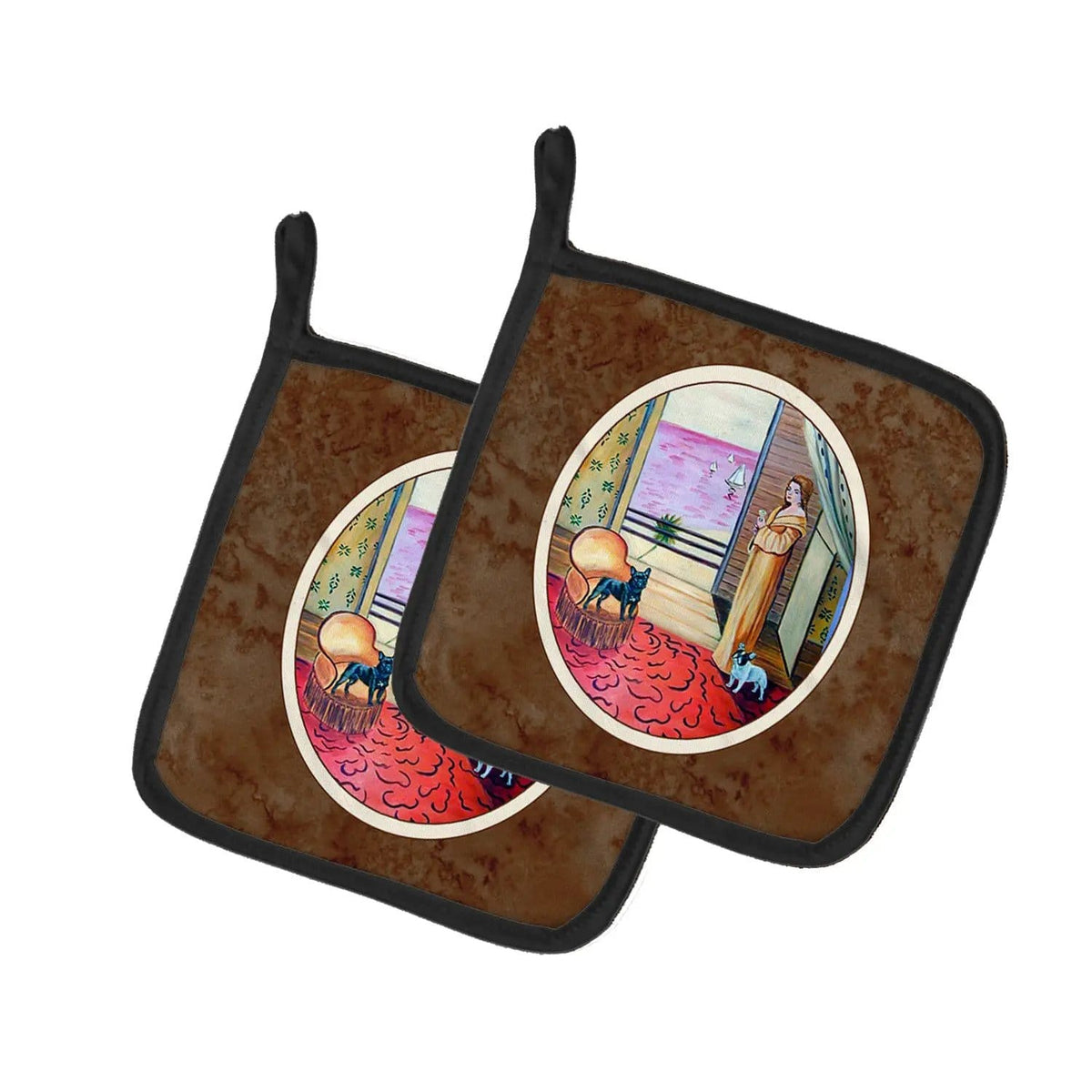 Pot Holder Set of 2 | Heat Resistant Quilted Hot Pads | 7.5 x 7.5 Inch | French Bulldog and lady
